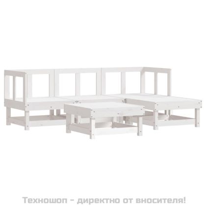 Градински комплект с възглавници, 5 части, бял, дърво масив