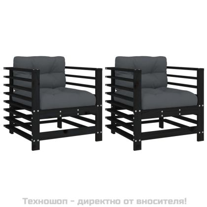 Градински столове с възглавници, 2 бр, черни, бор масив