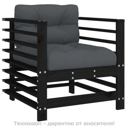 Градински столове с възглавници, 2 бр, черни, бор масив