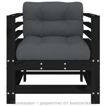 Градински столове с възглавници, 2 бр, черни, бор масив