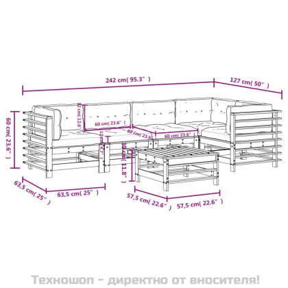 Градински комплект с възглавници, 6 части, сив, дърво масив