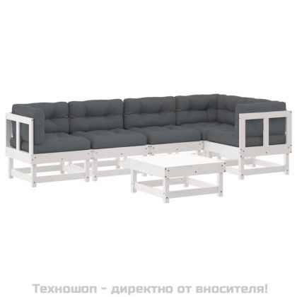 Градински комплект с възглавници, 6 части, бял, дърво масив