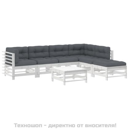 Градински лаундж комплект 7 части с възглавници бял бор масив