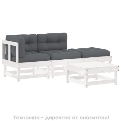 Градински комплект с възглавници, 4 части, бял, дърво масив