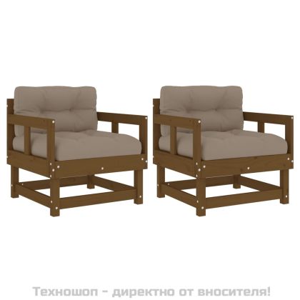 Градински столове с възглавници, 2 бр, меденокафяви, бор масив