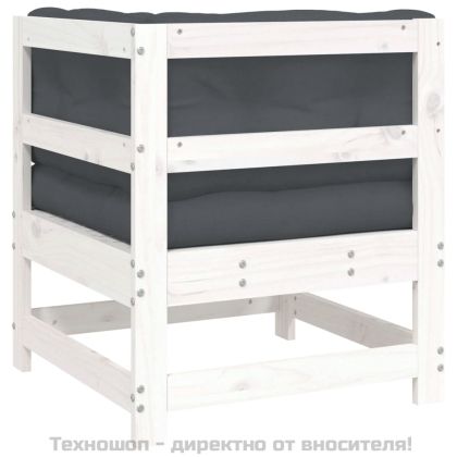 Ъглов диван с възглавници, бял, борово дърво масив