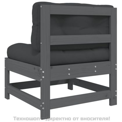 Среден диван с възглавници, сив, борово дърво масив