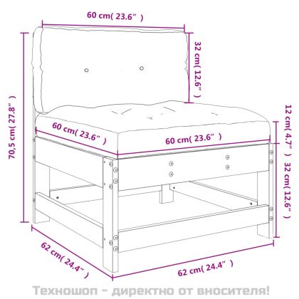 Среден диван с възглавници, бял, борово дърво масив