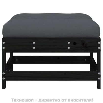 Градинска табуретка с възглавница, черна, бор масив
