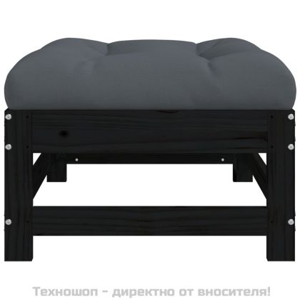Градинска табуретка с възглавница, черна, бор масив