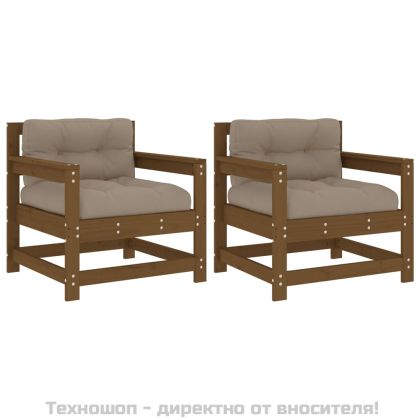 Градински столове с възглавници, 2 бр, меденокафяви, бор масив
