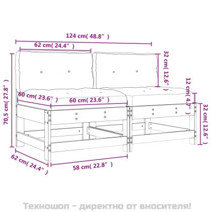 Средни дивани с възглавници, 2 бр, бели, борово дърво масив