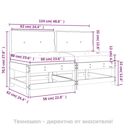 Средни дивани с възглавници, 2 бр, сиви, борово дърво масив