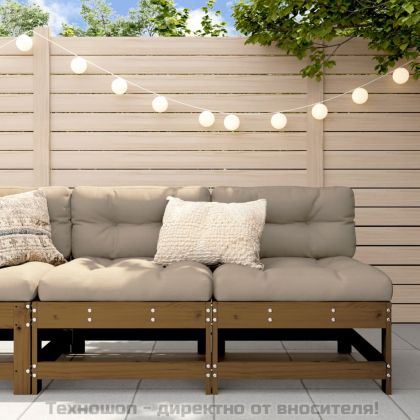 Средни дивани с възглавници, 2 бр, меденокафяви, бор масив