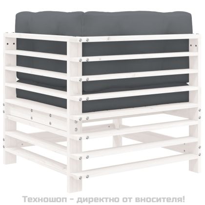Ъглов диван с възглавници, бял, борово дърво масив