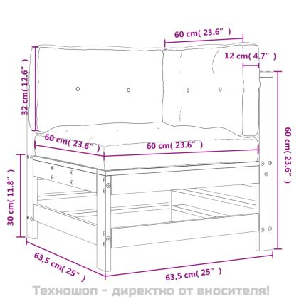 Ъглов диван с възглавници, бял, борово дърво масив
