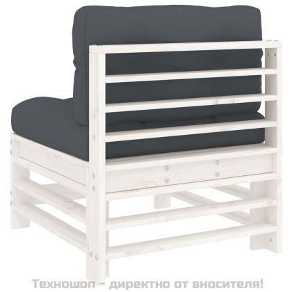 Среден диван с възглавници, бял, борово дърво масив