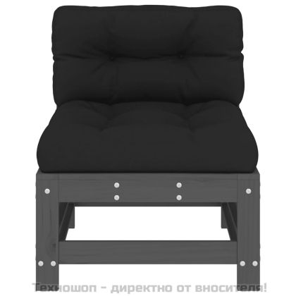 Среден диван с възглавници, сив, борово дърво масив