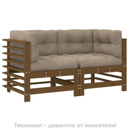 Ъглови дивани с възглавници, 2 бр, меденокафяви, бор масив