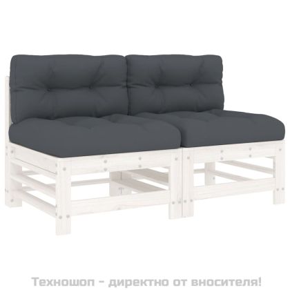 Средни дивани с възглавници, 2 бр, бели, борово дърво масив