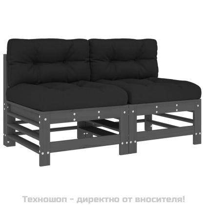 Средни дивани с възглавници, 2 бр, сиви, борово дърво масив