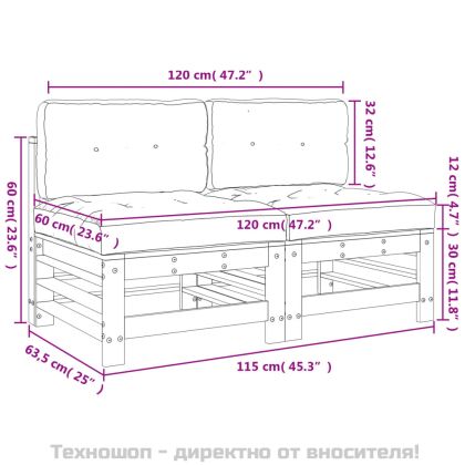 Средни дивани с възглавници, 2 бр, сиви, борово дърво масив