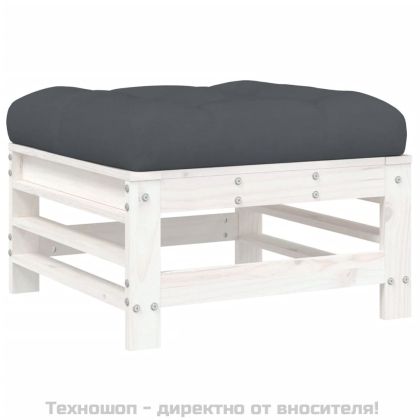 Градинска табуретка с възглавница, бяла, борова дървесина масив