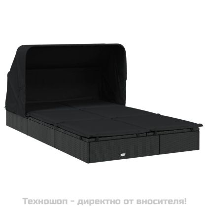 2-местен шезлонг черен сгъваем покрив 213x118x97 см полиратан