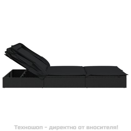 2-местен шезлонг черен сгъваем покрив 213x118x97 см полиратан