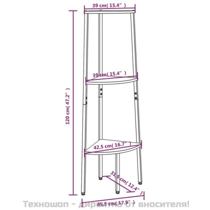 Ъглова етажерка с 3 рафта светлокафяво и черно 45,5x31,5x120 см