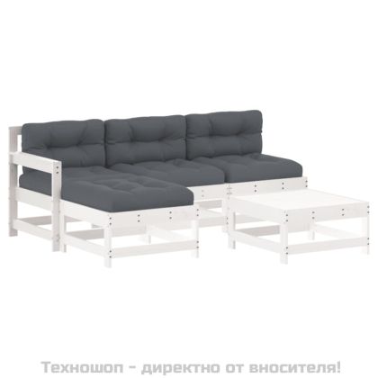 Градински комплект с възглавници, 5 части, бял, дърво масив