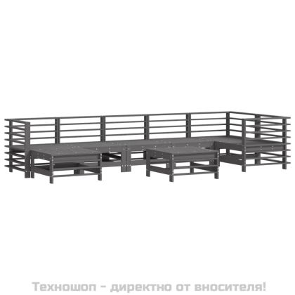 Градински комплект с възглавници, 8 части, сив, дърво масив