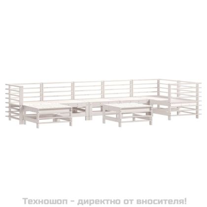 Градински комплект с възглавници, 8 части, бял, дърво масив