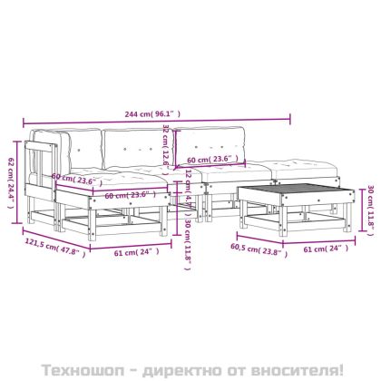 Градински комплект с възглавници, 6 части, бял, дърво масив