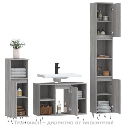 Комплект мебели за баня от 3 части сив сонома инженерно дърво