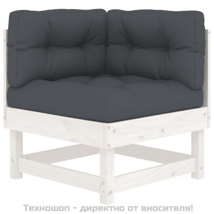 Градински комплект с възглавници, 5 части, бял, дърво масив