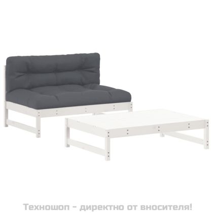 Градински лаундж комплект с възглавници 2 части бял дърво масив
