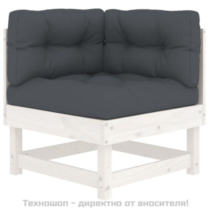 Градински комплект с възглавници, 10 части, бял, дърво масив