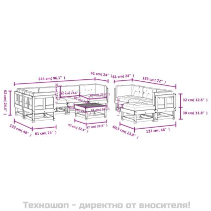 Градински комплект с възглавници, 10 части, бял, дърво масив