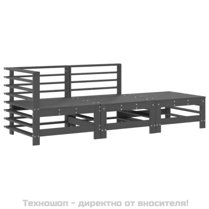 Градински комплект с възглавници, 3 части, сив, дърво масив