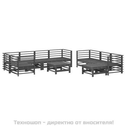 Градински комплект с възглавници, 10 части, сив, дърво масив