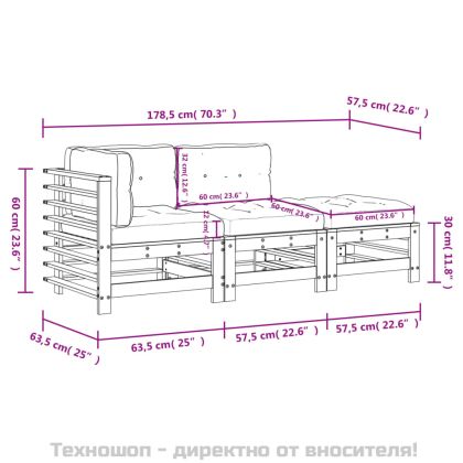 Градински комплект с възглавници, 3 части, дугласко дърво масив