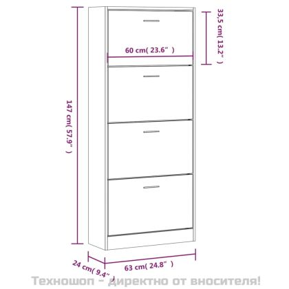 Шкаф за обувки, черен, 63x24x147 см, инженерно дърво