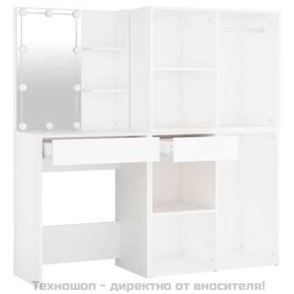 LED тоалетка с 2 шкафа, бяла, инженерно дърво