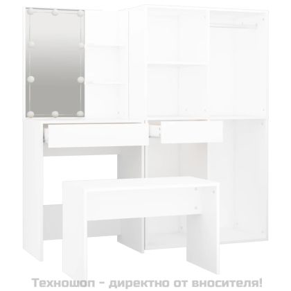 Комплект тоалетка с LED, бяла, инженерно дърво