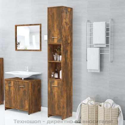 Шкаф за баня, опушен дъб, 30x30x183,5 см, инженерно дърво