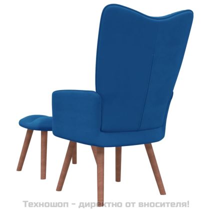 Релакс стол с табуретка, син, кадифе