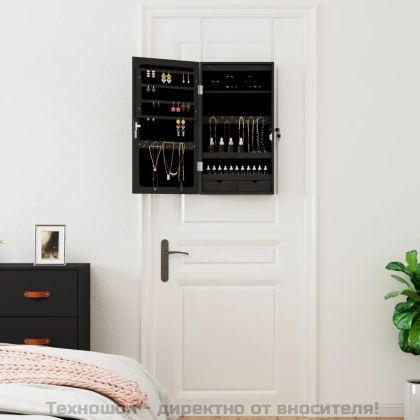 Огледален шкаф за бижута с LED осветление, стенен монтаж, черен