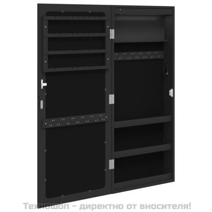 Огледален шкаф за бижута с LED осветление, стенен монтаж, черен