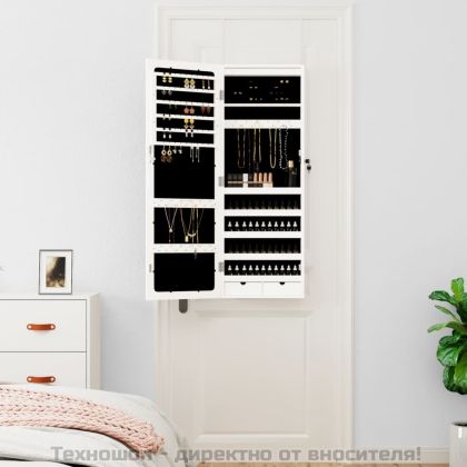 Огледален шкаф за бижута с LED осветление, стенен монтаж, бял